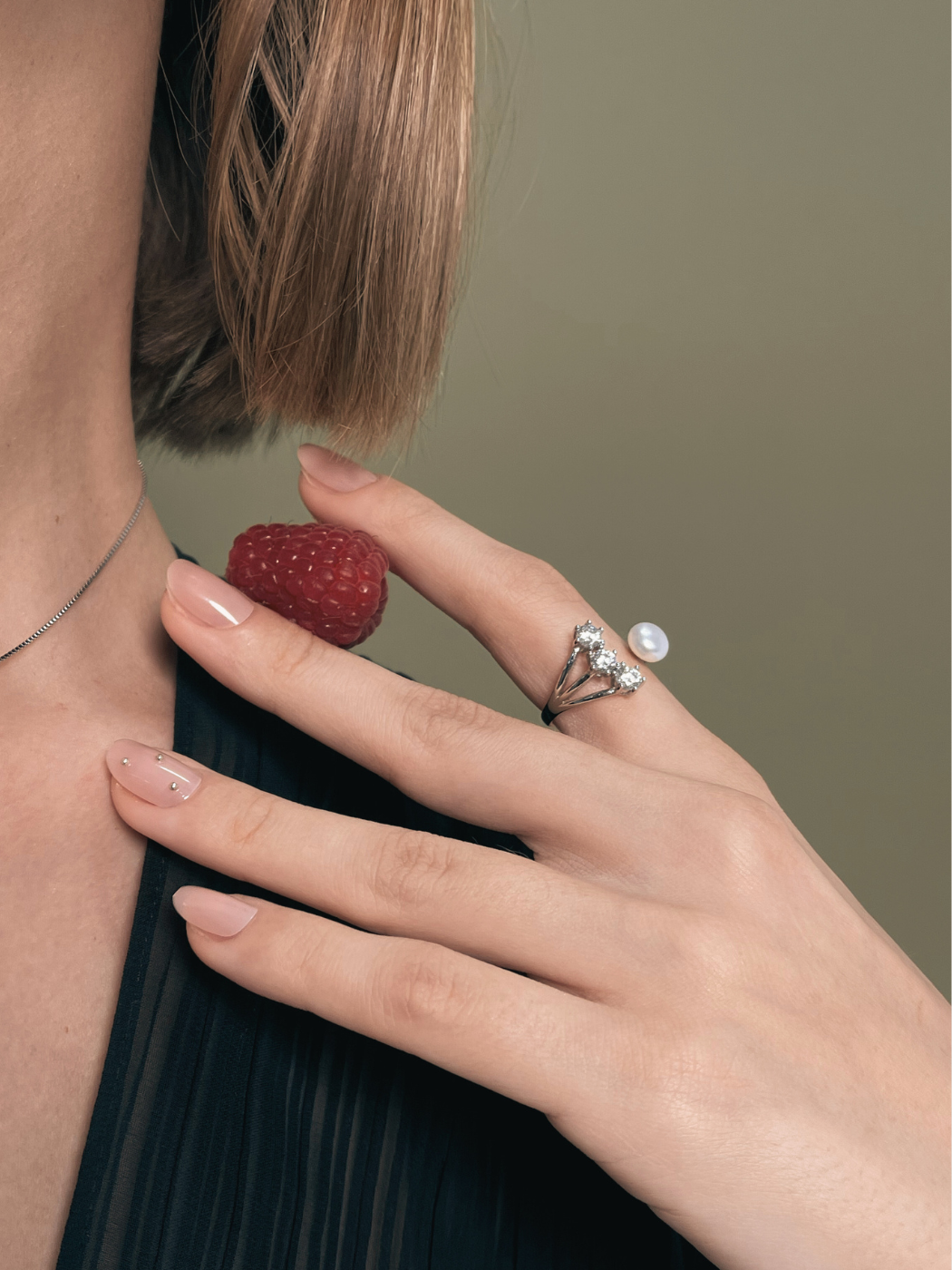 Model Wearing Athena Pearl & CZ Adjustable Ring in Sterling Silver Open-Adjustable-Resizable 925 Metal Stone One Size 2.8gms
