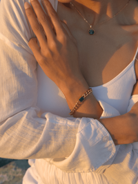 Model Wearing Atlantic Sparkle Agate Bracelet in 18K Gold Plated Metal Adjustable Length 18k Steel | Hypoallergenic Tarnish Resistant Sweat Water Stone Eco - Friendly One Size 5.2gms