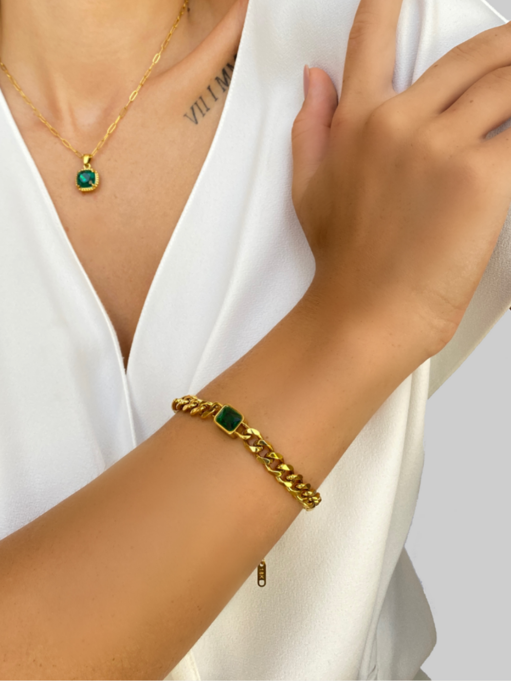 Alternate View of Model Wearing Atlantic Sparkle Agate Bracelet in 18K Gold Plated Metal Adjustable Length 18k Steel | Hypoallergenic Tarnish Resistant Sweat Water Stone Eco - Friendly One Size 5.2gms