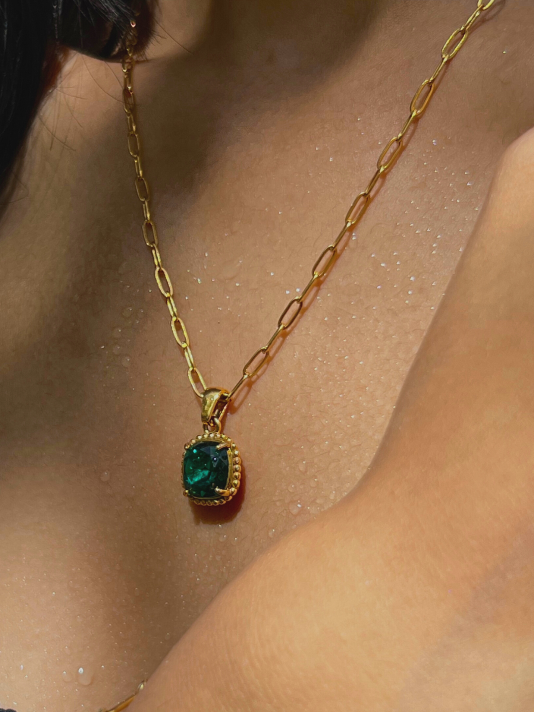 Alternate View of Model Wearing Atlantic Sparkle Waterproof Pendant Necklace in 18K Gold Plated Metal Adjustable Length 18k Steel | Hypoallergenic Tarnish Resistant Sweat Water Stone Eco - Friendly One Size 5.2gms