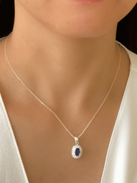 Model Wearing Ayesha Necklace & Earrings Set in Sterling Silver- Blue Fixed Length 925 Silver Metal Stone One Size 9.1gms