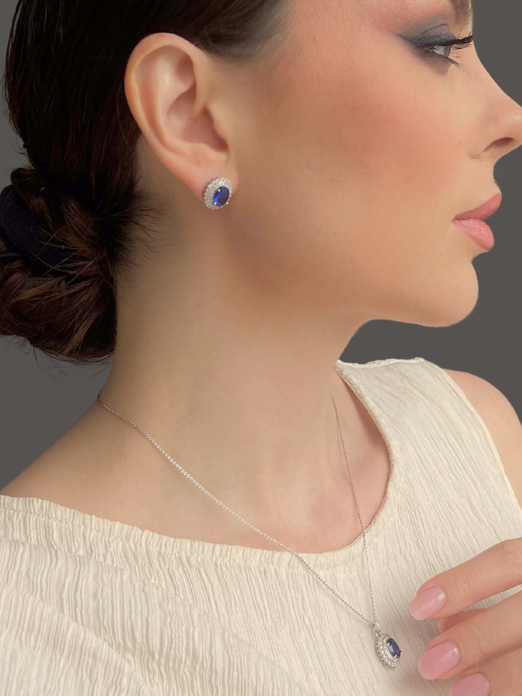 Alternate View of Model Wearing Ayesha Necklace & Earrings Set in Sterling Silver- Blue Fixed Length 925 Silver Metal Stone One Size 9.1gms