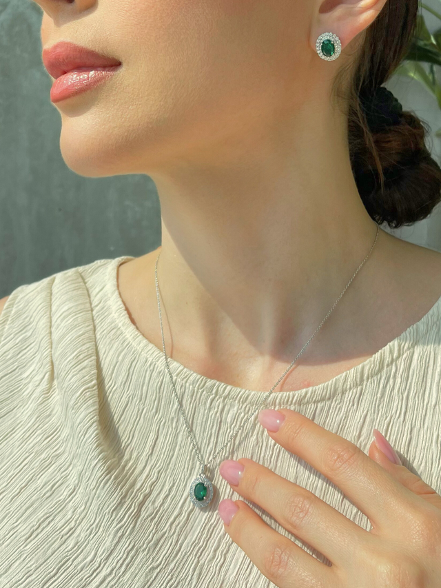 Model Wearing Ayesha Necklace and Earrings Set in Sterling Silver- Green Fixed Length 925 Silver Metal Stone One Size 9gms