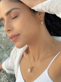 Alternate View of Model Wearing Bella Baroque Pearl Necklace in 18K Gold Plated Metal Fixed Length 18k Steel | Hypoallergenic Tarnish Resistant Sweat Water Stone Eco - Friendly One Size 6.2gms