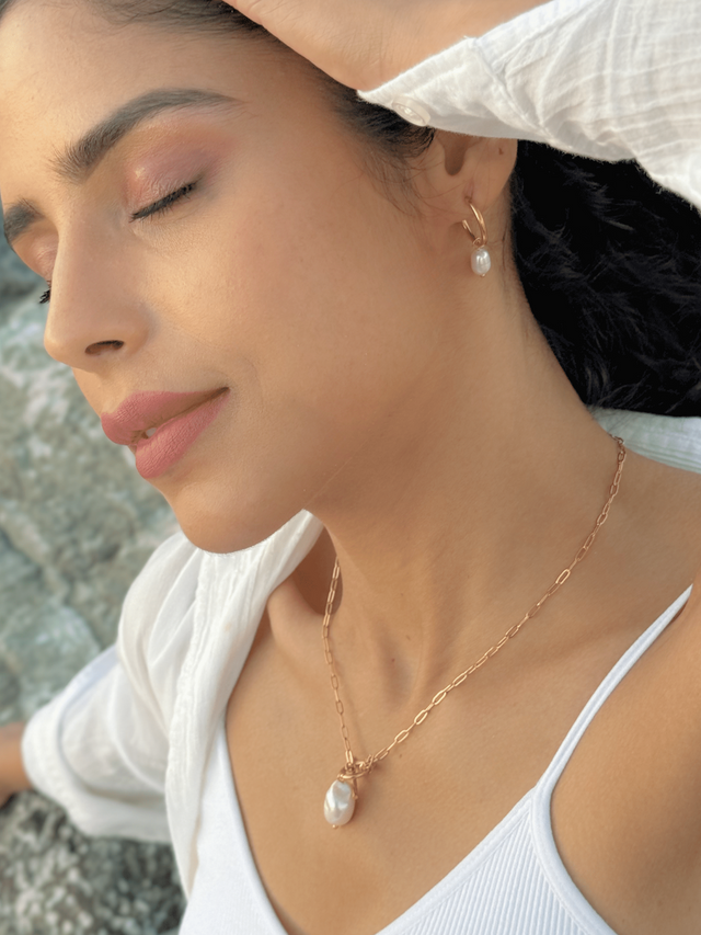 Alternate View of Model Wearing Bella Baroque Pearl Necklace in 18K Gold Plated Metal Fixed Length 18k Steel | Hypoallergenic Tarnish Resistant Sweat Water Stone Eco - Friendly One Size 6.2gms