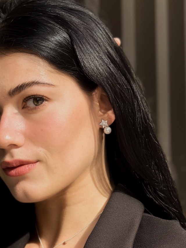 Alternate View of Model Wearing Belle Pearl Drop Earrings in Sterling Silver Jewelry for Pierced Ears 925 Stone Metal One Size 5.4gms