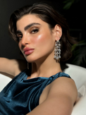 Model Wearing Celeste Chandelier Crystal Drop Earrings Jewelry for Pierced Ears Post / Pin & Push in 925 Sterling Silver Stamp Marked Rodium Plated Metal One Size 26.6gms Copper