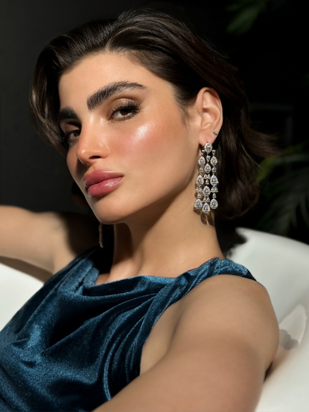 Model Wearing Celeste Chandelier Crystal Drop Earrings Jewelry for Pierced Ears Post / Pin & Push in 925 Sterling Silver Stamp Marked Rodium Plated Metal One Size 26.6gms Copper