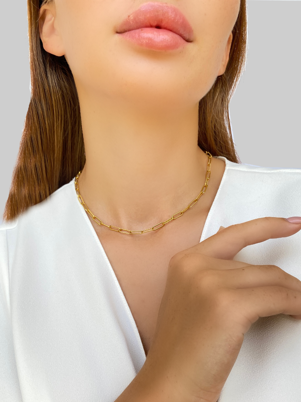 Alternate View of Model Wearing Celine Paperclip Necklace in 18K Gold Plated Metal Adjustable Length 18k Steel | Hypoallergenic Tarnish Resistant Sweat Water Eco - Friendly One Size 6.1gms