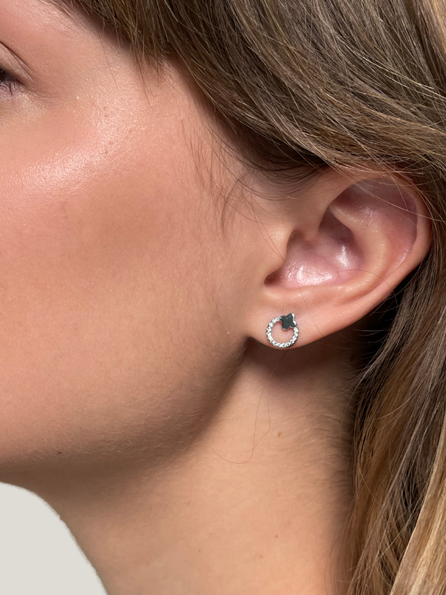 Model Wearing Charmaine Circle Stud Earrings in Sterling Silver Jewelry for Pierced Ears 925 Metal Stone One Size 1.2gms