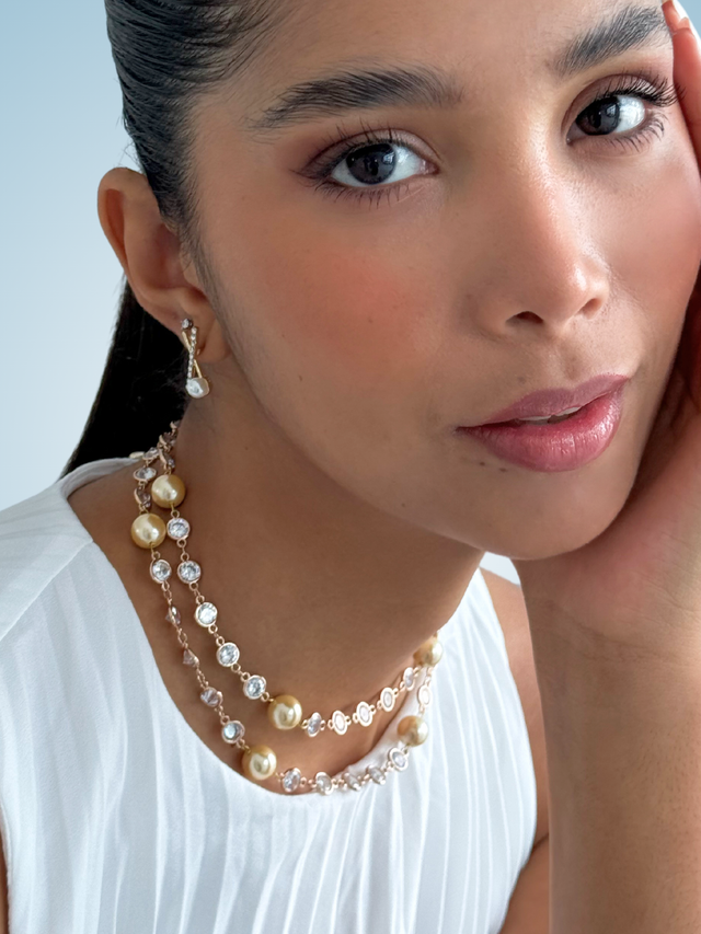 Model Wearing Claire Pearl & Crystal Necklace in 18k Gold-plated Metal Fixed Length Gold Plated Brass Stone One Size 36.2gms