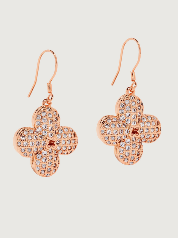 Clover Flower Dangle Earrings in Sterling SIlver with 18K Rose Gold Plating