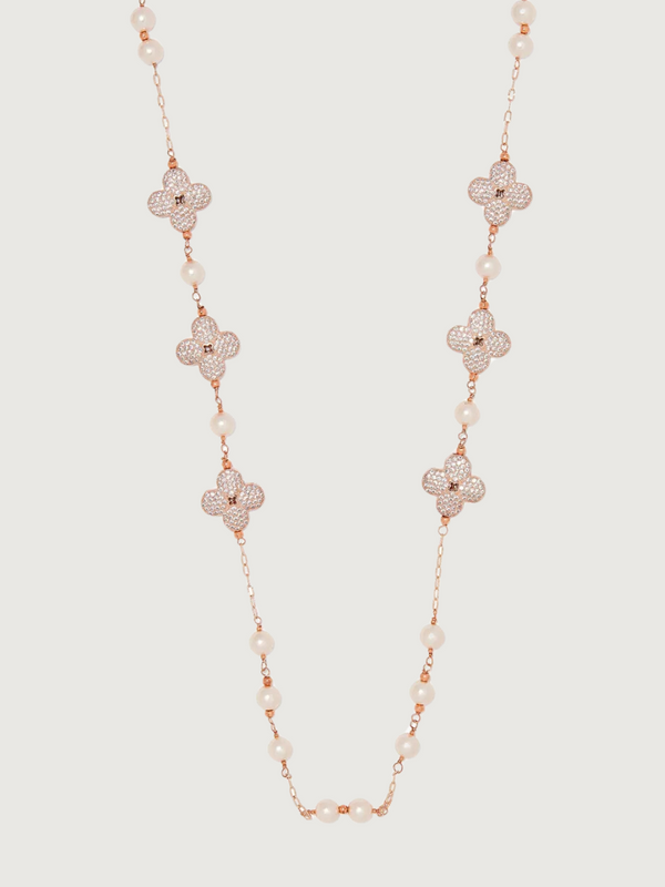 Clover Flower Pearl Necklace in Sterling Silver with 18K Rose Gold Plating