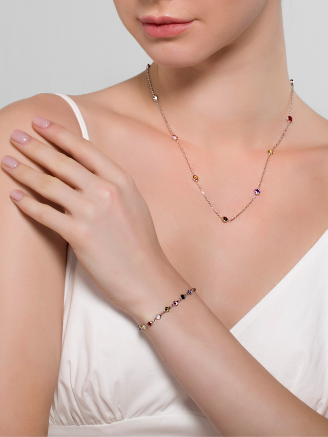 Model Wearing Cora Rainbow Bracelet in Rhodium Plated Sterling Silver Adjustable Length 925 Metal One Size 3.1gms