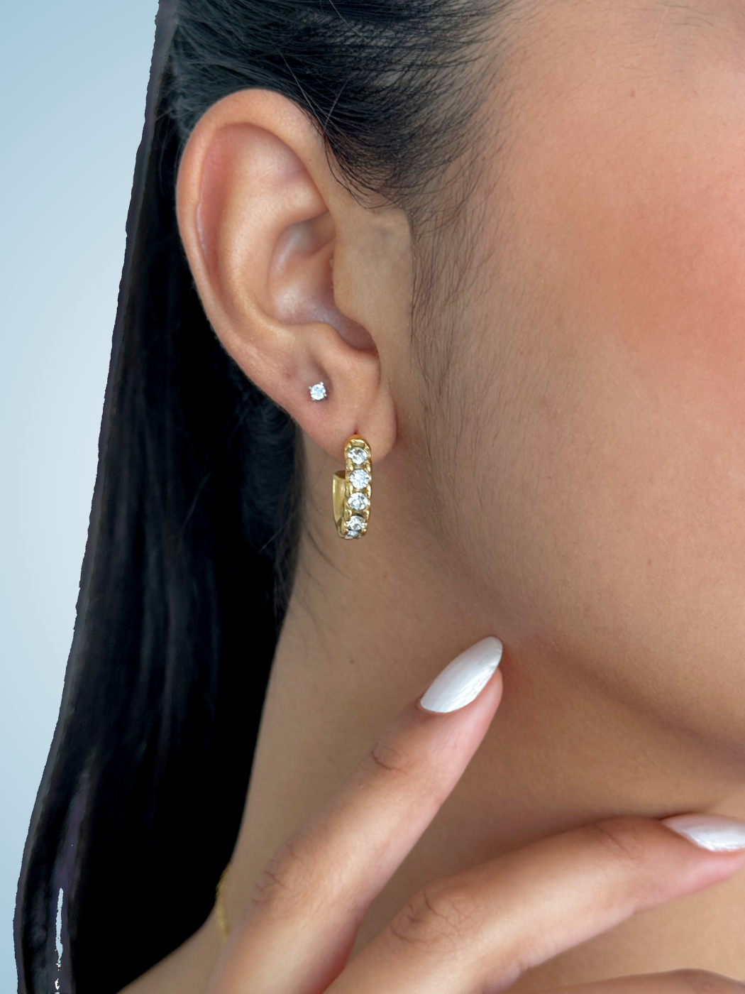 Model Wearing Corinne Crystal Hoops in 18k Gold Plated Metal Jewelry for Pierced Ears Steel | Hypoallergenic Tarnish Resistant Sweat Water Stone One Size 6gms