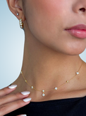 Alternate View of Model Wearing Corinne Crystal Hoops in 18k Gold Plated Metal Jewelry for Pierced Ears Steel | Hypoallergenic Tarnish Resistant Sweat Water Stone One Size 6gms