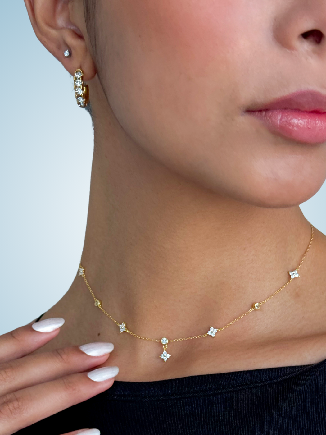 Alternate View of Model Wearing Corinne Crystal Hoops in 18k Gold Plated Metal Jewelry for Pierced Ears Steel | Hypoallergenic Tarnish Resistant Sweat Water Stone One Size 6gms