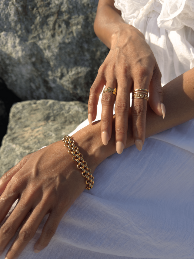 Model Wearing Clara Chunky Bracelet in 18k Gold Plated Metal Adjustable Length Steel | Hypoallergenic Tarnish Resistant Sweat Water Eco - Friendly 17 cm 25.5gms