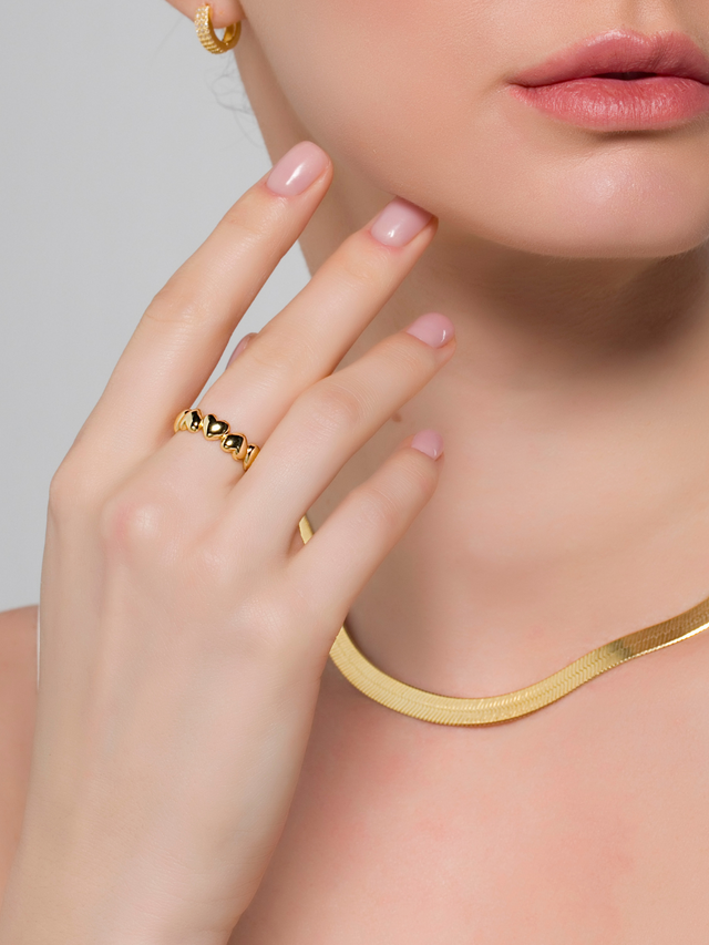 Model Wearing EsmÃ© Hearts Ring in Sterling Silver with 18K Gold Plating Open-Adjustable-Resizable 18k Plated 925 Metal One Size 2.5gms