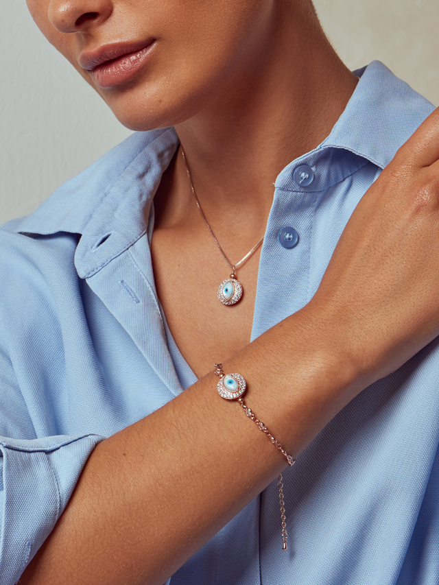 Model Wearing Evil-Eye Sparkle Bracelet - Rose Gold Adjustable Length 18k Plated 925 Sterling Silver Metal One Size