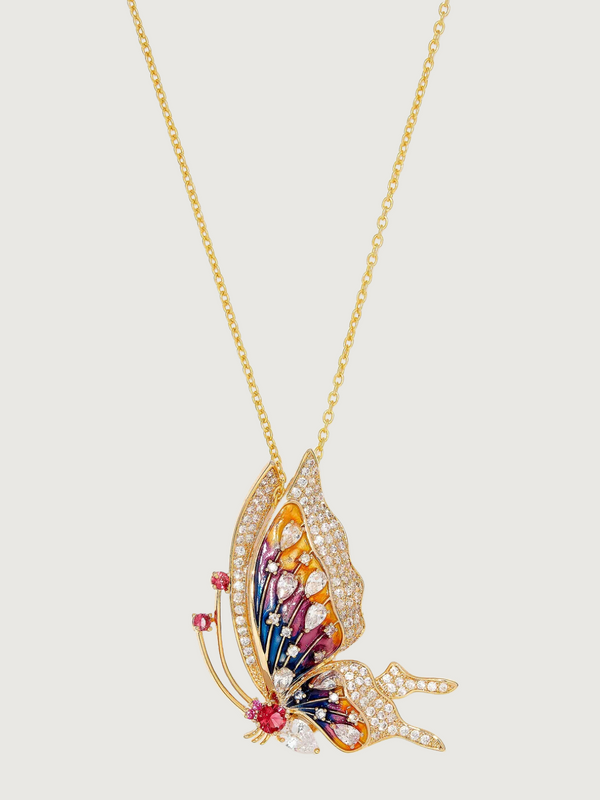 Gold Butterfly Brooch Pendant Necklace
