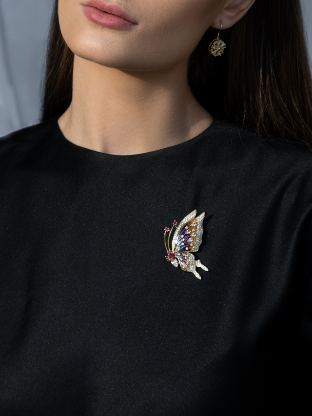 Model Wearing Gold Butterfly Brooch Pendant Necklace Fixed Length 18k Plated 925 Sterling Silver Brass Metal One Size 15.5gms