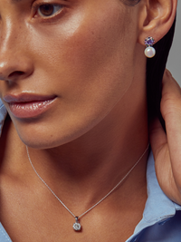 Alternate View of Model Wearing Iris Amethyst & Pearl Earrings in Sterling Silver Jewelry for Pierced Ears 925 Metal Stone One Size 5.3gms