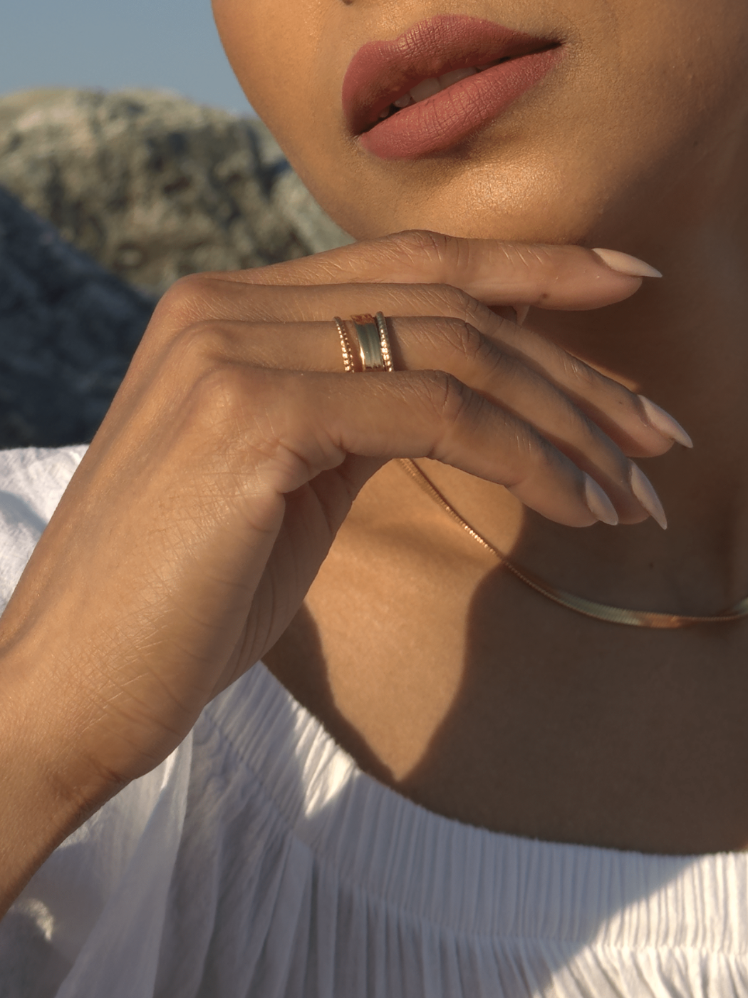 Model Wearing Isabella Open Ring in 18k Gold-Plated Metal Open-Adjustable-Resizable Gold Plated Steel | Hypoallergenic Tarnish Resistant Sweat Water Eco - Friendly One Size 2.9gms