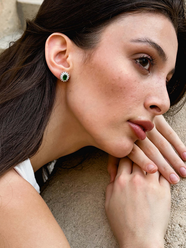 Model Wearing Ivy Stud Earrings in Sterling Silver Jewelry for Pierced Ears 925 Metal Stone One Size 3.3gms