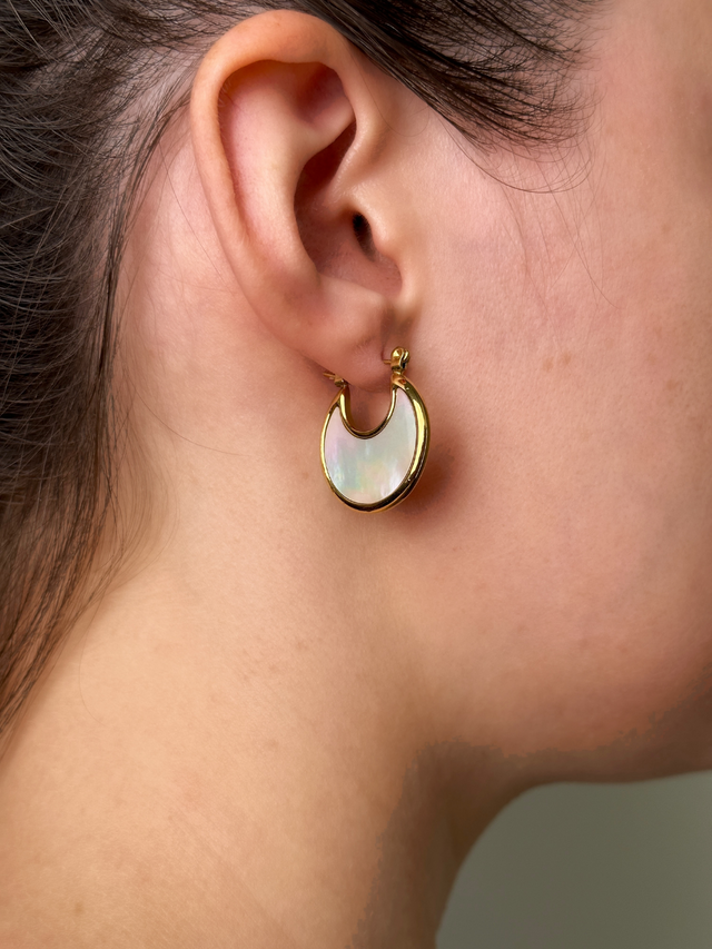 Model Wearing Joana Pearl Hoop Earrings in 18k Gold Plated Metal Jewelry for Pierced Ears Steel | Hypoallergenic Tarnish Resistant Sweat Water Stone Eco - Friendly One Size 6.2gms