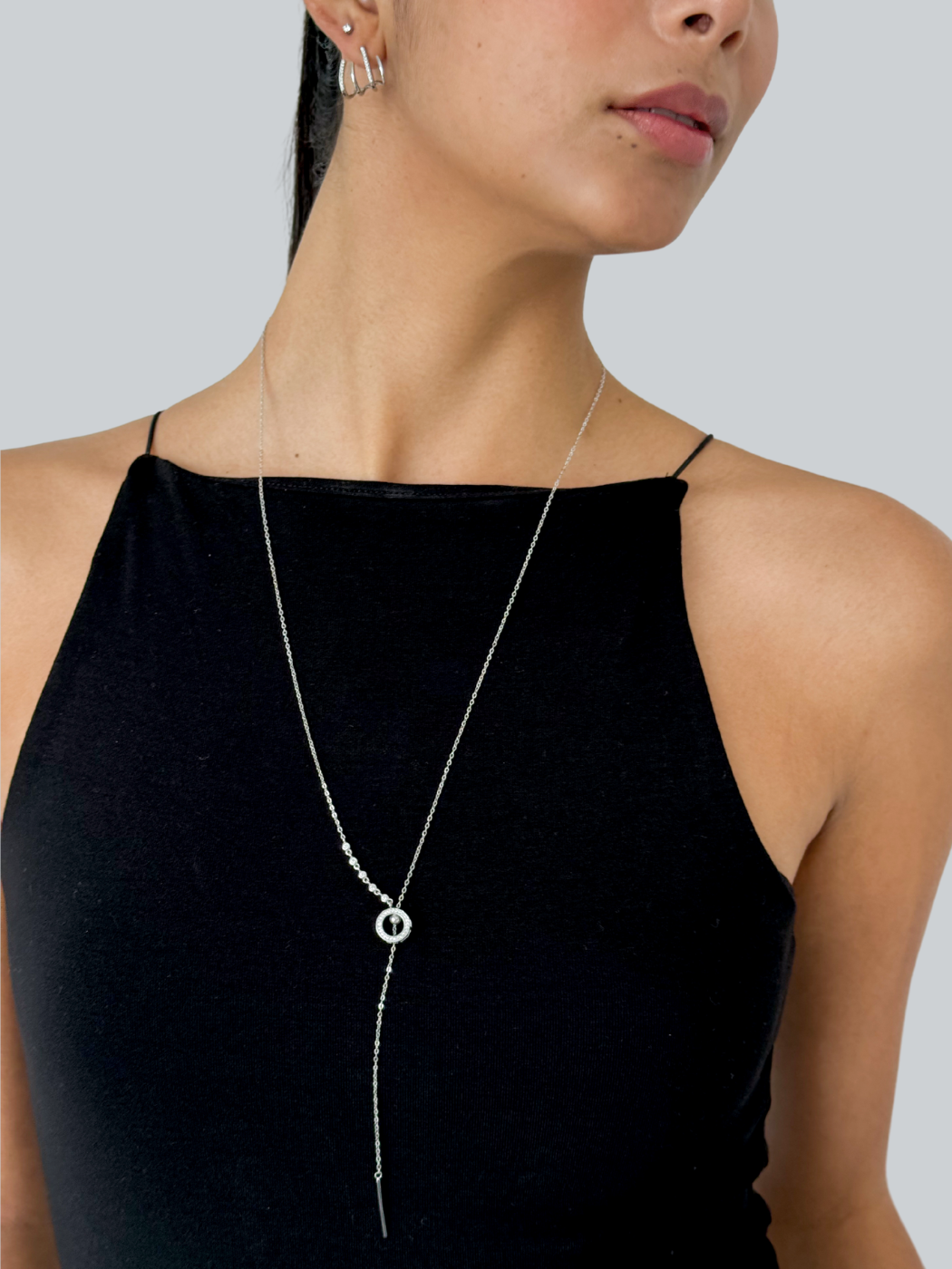 Alternate View of Model Wearing Laura Lariat Necklace in 925 Sterling Silver Adjustable Length Metal One Size 6.3gms