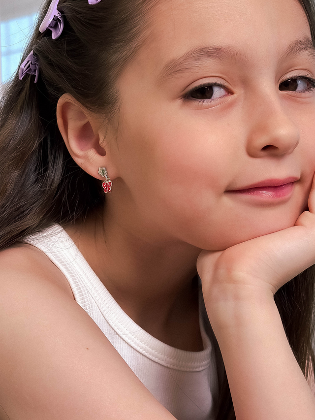 Model Wearing Little Princess Butterfly Dangle Earrings in Sterling silver Jewelry for Pierced Ears 925 Silver Metal One Size 1.8gms