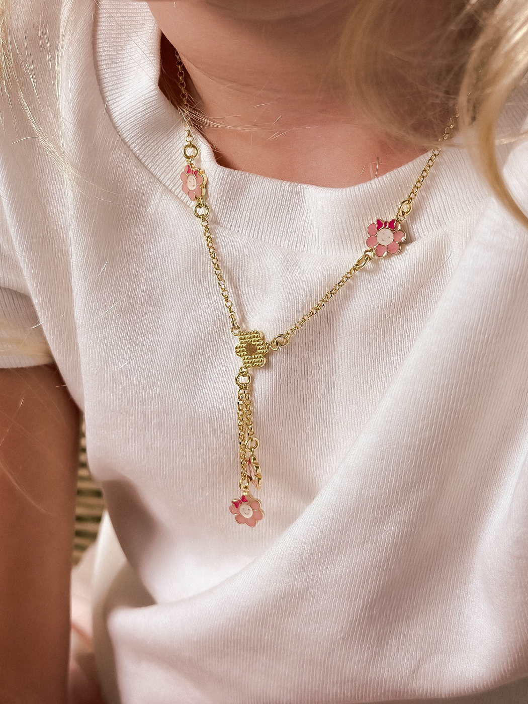 Model Wearing Little Princess Flower Lariat Necklace in 18k Gold Plated Sterling Silver Adjustable Length 925 Metal One Size 6.5gms