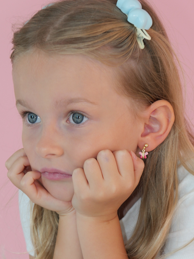 Model Wearing Little Princess Butterfly Earrings in 18k Gold Plated sterling silver Jewelry for Pierced Ears 925 Sterling Silver Metal One Size 1.6gms