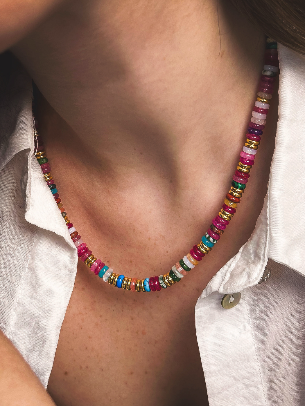 Model Wearing Miley Multicolor Necklace in 18k Gold Plated Sterling Silver Adjustable Length 925 Metal Stone One Size 36.6gms