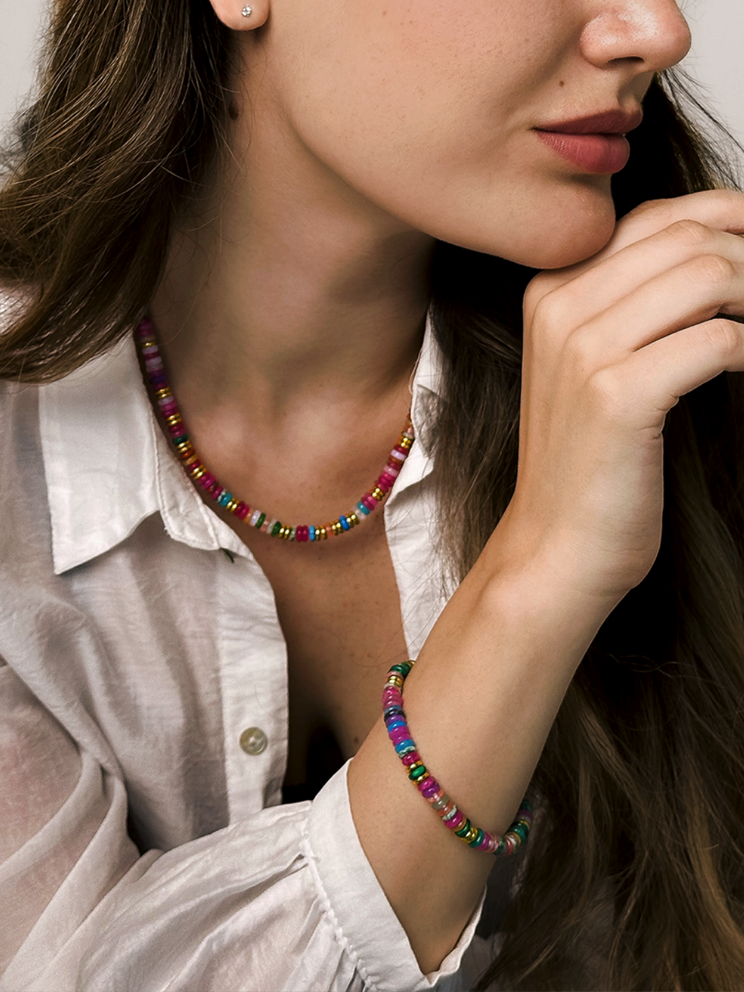 Alternate View of Model Wearing Miley Multicolor Necklace in 18k Gold Plated Sterling Silver Adjustable Length 925 Metal Stone One Size 36.6gms