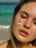 Alternate View of Model Wearing Mina Moonbeam Pendant Necklace in 18K Gold Plated Metal Adjustable Length 18k Steel | Hypoallergenic Tarnish Resistant Sweat Water Eco - Friendly One Size 4.3gms