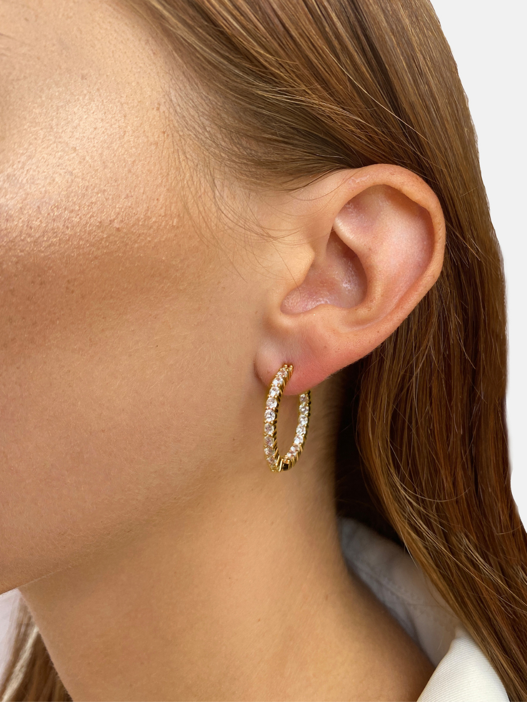 Model Wearing Nora Hoop Earrings in Sterling Silver with 18K Gold Plating Jewelry for Pierced Ears 18k Plated 925 Metal Stone One Size 5.7gms
