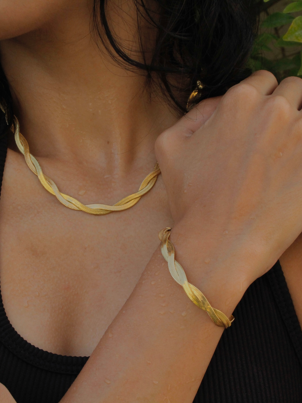 Model Wearing Raia Ripple Necklace in 18K Gold Plated Metal Adjustable Length 18k Steel | Hypoallergenic Tarnish Resistant Sweat Water Eco - Friendly One Size 11.7gms
