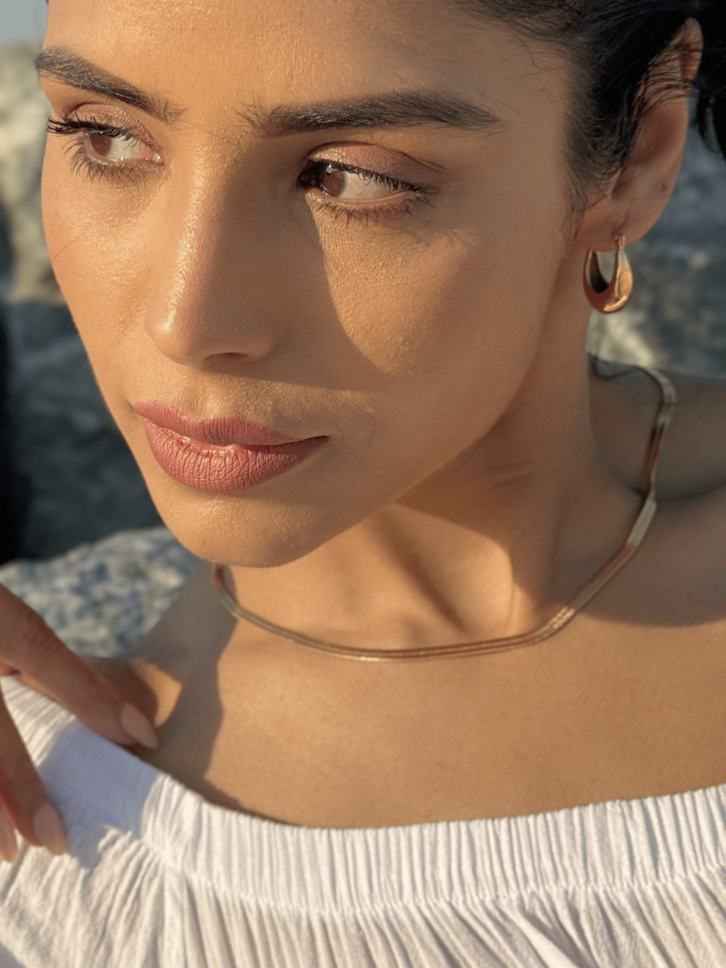 Model Wearing Raia Waterproof Necklace in 18K Gold Plated Metal Adjustable Length 18k Steel | Hypoallergenic Tarnish Resistant Sweat Water Eco - Friendly One Size 8.6gms