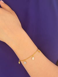 Alternate View of Model Wearing Rayan Charm Bracelet in 18k Gold Plated Sterling Silver Adjustable Length 925 Metal Stone 20 cm 2.3gms