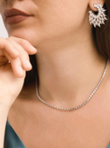 Model Wearing Sarah Waterproof Tennis Necklace Adjustable Length Rhodium Plated | Tarnish Resistant Steel Water Hypoallergenic Sweat Durable Jewelry Metal Eco - Friendly One Size 7.3gms Sterling Silver