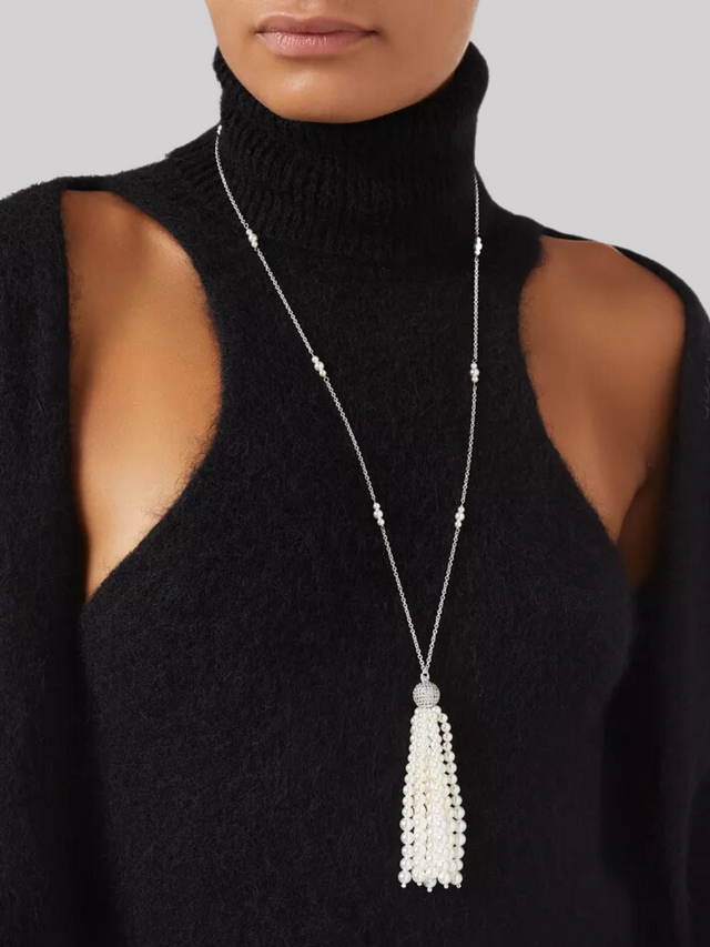 Model Wearing Selina Pearl Tassel Necklace in Sterling Silver Fixed Length 925 Rhodium Plated Brass Metal Stone 36 inches 27.1gms
