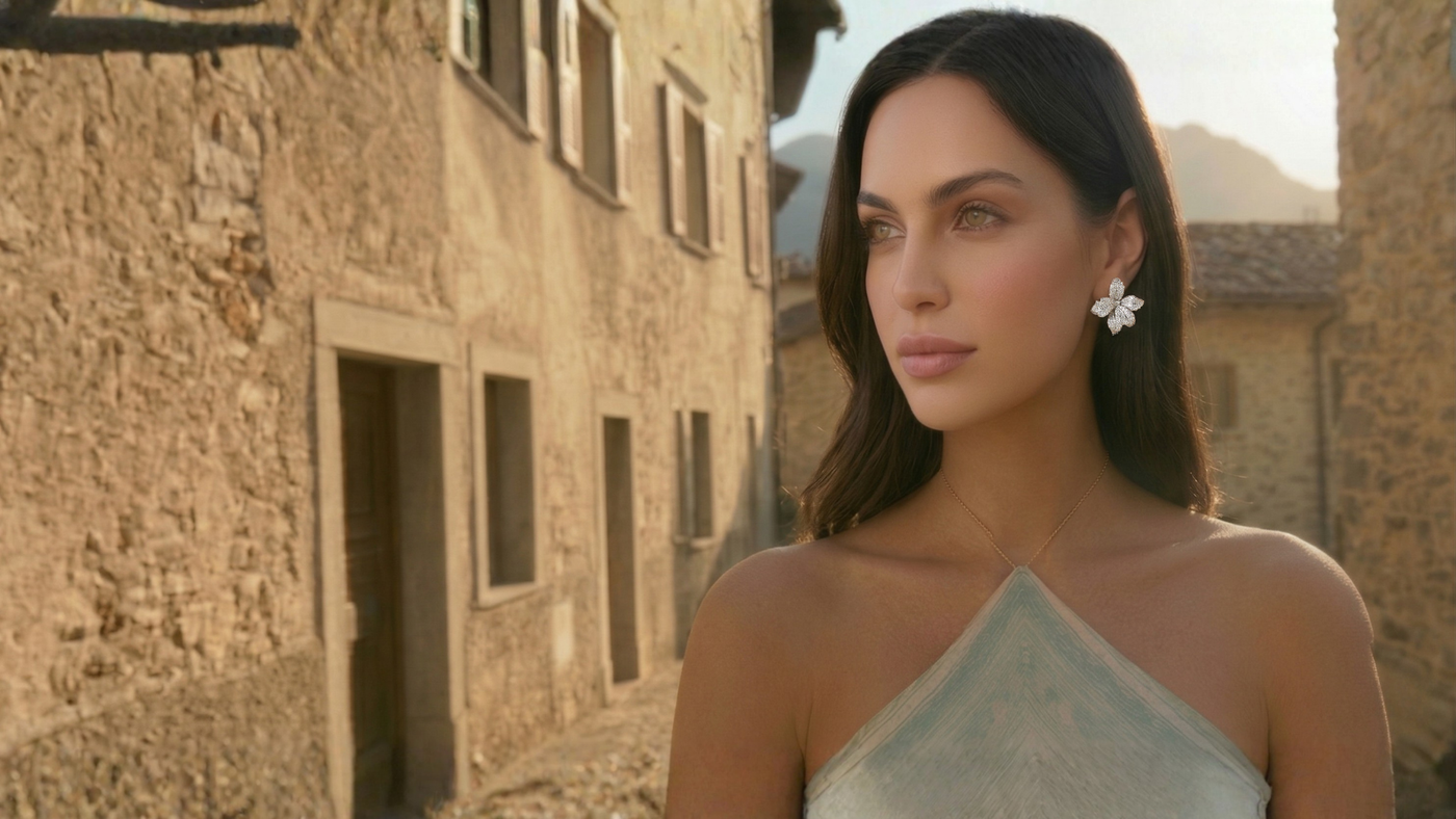 Woman in a light blue dress standing in front of stone buildings wearing orchid bloom stud earrings, Hypoallergenic.