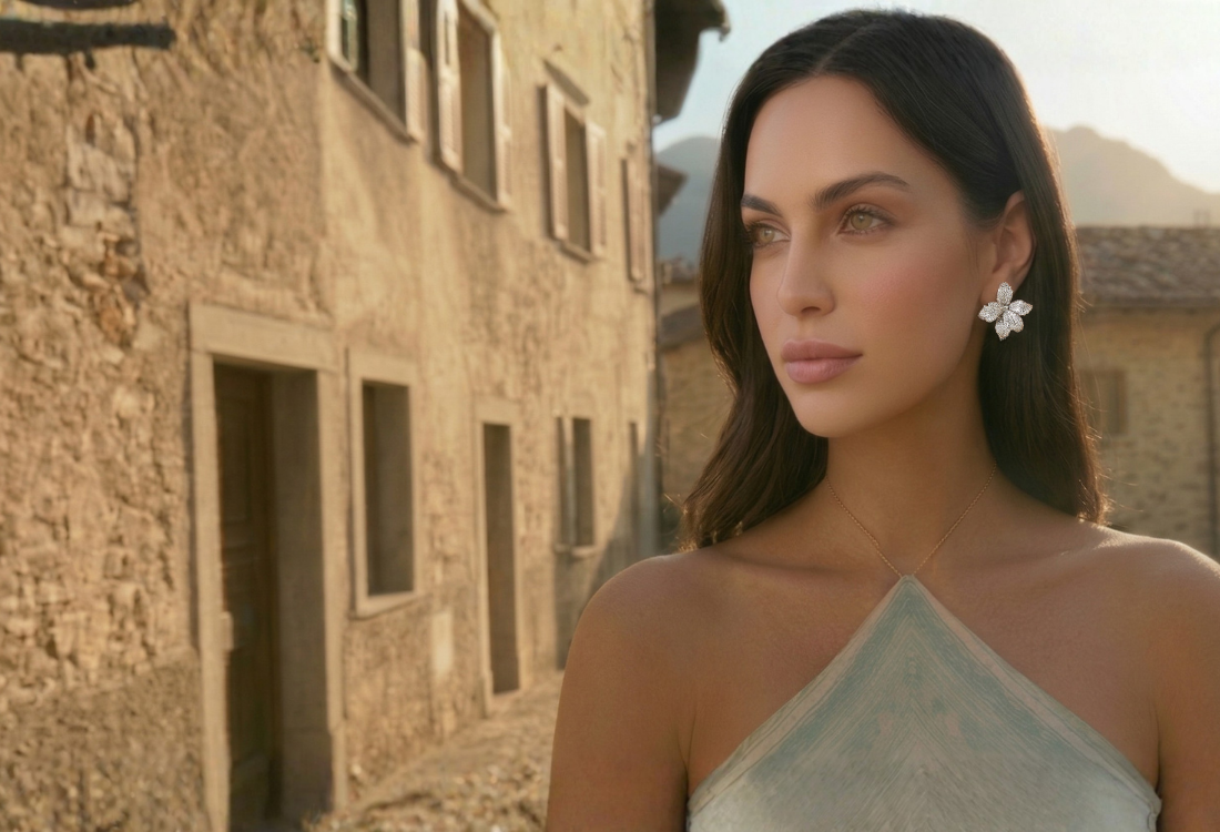 Woman in a light blue dress standing in front of stone buildings wearing orchid bloom stud earrings, Hypoallergenic.