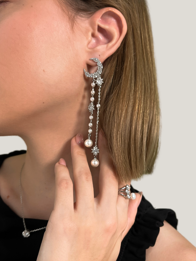 Model Wearing Zaina Pearl Dangle Earrings Jewelry for Pierced Ears 925 Sterling Silver Metal Stone One Size 8.7gms