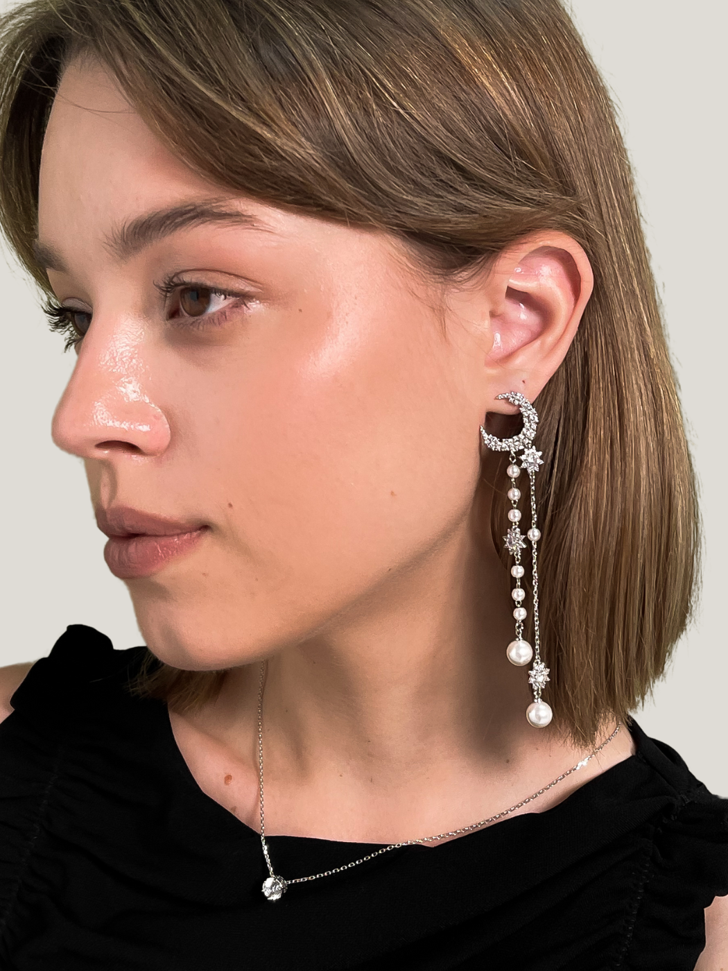 Alternate View of Model Wearing Zaina Pearl Dangle Earrings Jewelry for Pierced Ears 925 Sterling Silver Metal Stone One Size 8.7gms
