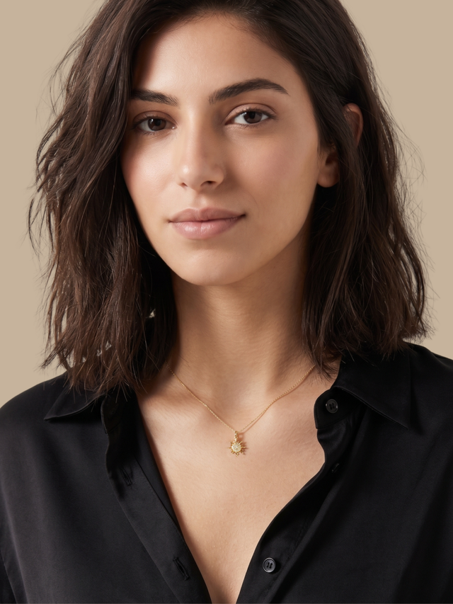 Model Wearing Sunburst Pendant Necklace Fixed Length 18k Gold Plated 925 Sterling Silver Brass 18 inches 2.1gms