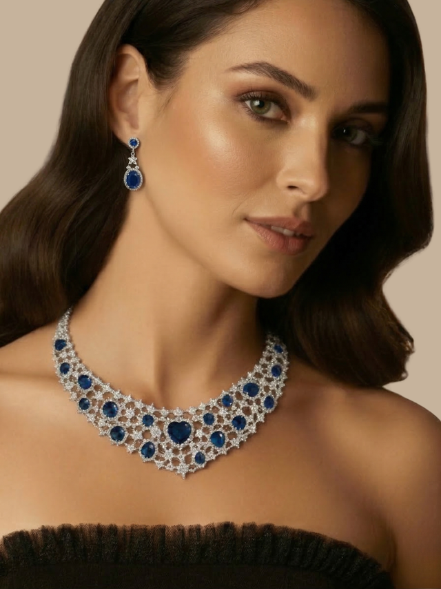 Model Wearing Vera Necklace in Rhodium Plated Metal Comfort Fit Copper 49.5gms Mix