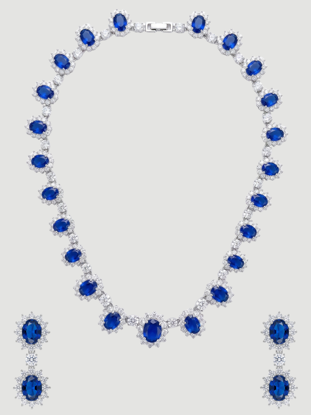 Front View of Azeneth Necklace and Earrings Set in Rhodium Plated Metal Comfort Fit Copper 16 inches 63.9gms